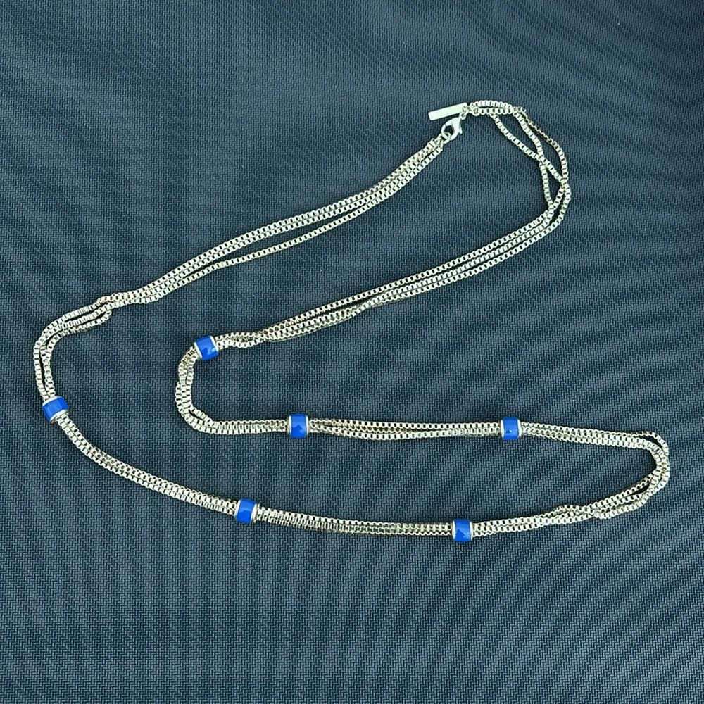 Mythologie long gold tone necklace w/ blue beads